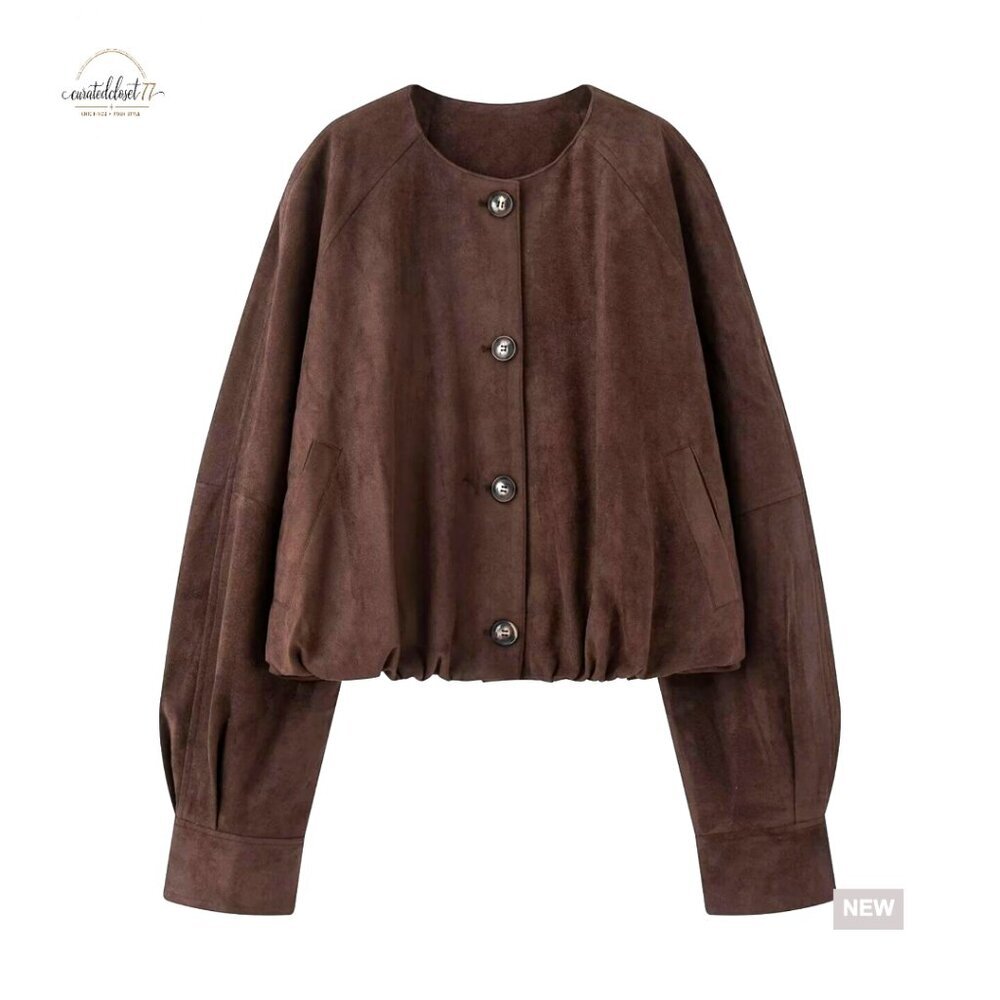 Faux Suede Bomber Jacket Oversized Vintage Gathered Hem Casual Outerwear